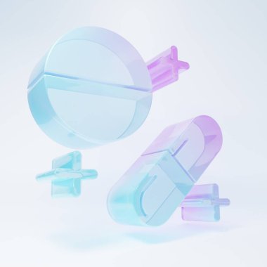 Frosted glass Medicine pill or tablet icon isolated on white background. Capsule pill and drug sign. Pharmacy design. Minimalism concept. 3D render illustration.