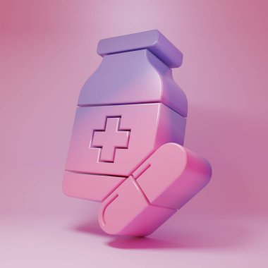 Purple-pink Medicine bottle and pills icon isolated on pink background. Bottle pill sign. Pharmacy design. Minimalism concept. 3D render illustration.