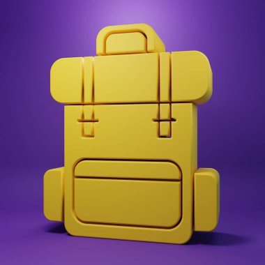 Sarı Yürüyüş sırt çantası simgesi mor arkaplanda izole edildi. Kamp ve dağ gezisi sırt çantası. Minimalizm kavramı. 3 Boyutlu resimleme.