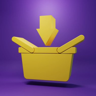 Sarı alışveriş sepeti simgesi mor arkaplanda izole edilmiş. İnternetten satın alma konsepti. Servis tabelası. Alışveriş arabası sembolü. Minimalizm kavramı. 3 Boyutlu resimleme.