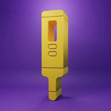 Tıbbi inceleme ikonu için sarı medikal termometre mor arka planda izole edildi. Minimalizm kavramı. 3 Boyutlu resimleme.