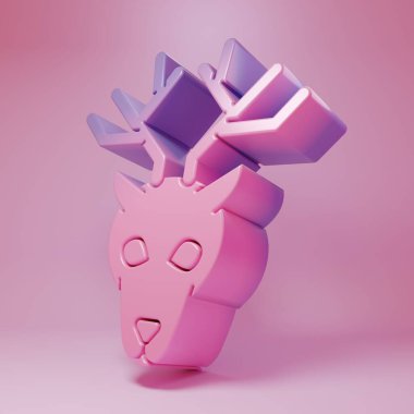 Pembe arka planda izole edilmiş boynuz simgesi olan mor geyik kafası. Minimalizm kavramı. 3 Boyutlu resimleme.