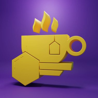 Mor arka planda bal ikonlu sarı çay. Tatlı doğal yemek. Minimalizm kavramı. 3 Boyutlu resimleme.