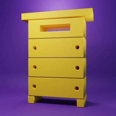 Sarı Kovan mor arka planda izole edilmiş arı simgesi için. Arı kovanı sembolü. Apiary ve arı yetiştiriciliği. Tatlı doğal yemek. Minimalizm kavramı. 3 Boyutlu resimleme.