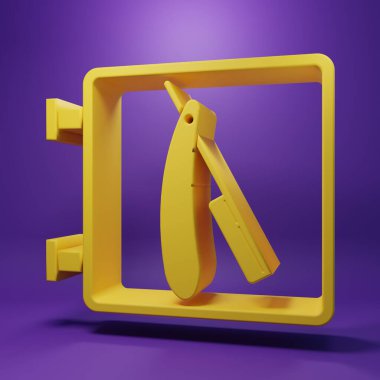 Mor arka planda jilet simgesi olan sarı berber dükkanı. Kuaför logosu ya da tabela. Minimalizm kavramı. 3 Boyutlu resimleme.