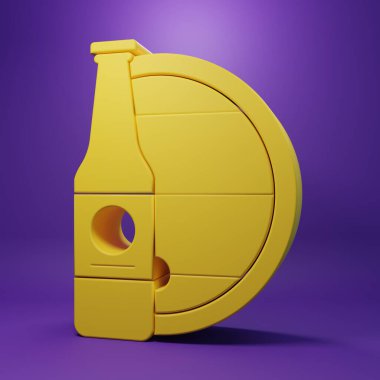 Sarı bira şişesi ve mor arka planda izole edilmiş ahşap varil ikonu. Minimalizm kavramı. 3 Boyutlu resimleme.