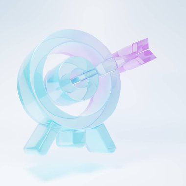 Beyaz zemin üzerinde ok simgesi olan buzlu cam hedef. Dart tahtası işareti. Okçuluk tahtası simgesi. Dartboard işareti. İş hedefi kavramı. Minimalizm kavramı. 3 Boyutlu resimleme.