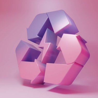 Pembe arka planda izole edilmiş geri dönüşüm sembolü simgesi olan mor-pembe pil. Geri dönüşüm sembollü pil - yenilenebilir enerji konsepti. Minimalizm kavramı. 3 Boyutlu resimleme.