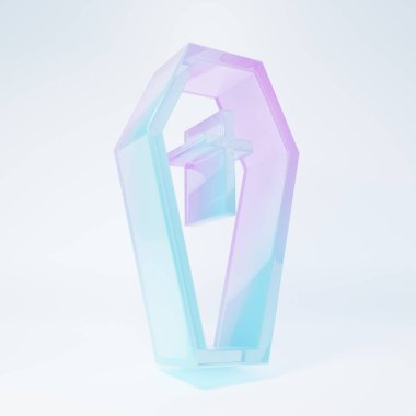 Beyaz arka planda izole edilmiş Hristiyan haç ikonu olan buzlu cam tabut. Mutlu Cadılar Bayramı Partisi. Minimalizm kavramı. 3 Boyutlu resimleme.