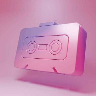 Pembe arka planda izole edilmiş mor-pembe Retro ses kaset ikonu. Minimalizm kavramı. 3 Boyutlu resimleme.
