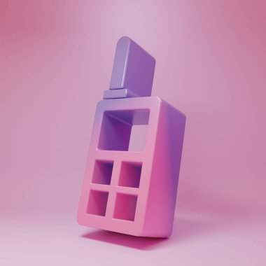 Pembe arka planda izole edilmiş mor-pembe telsiz ikonu. Taşınabilir radyo vericisi simgesi. Radyo alıcı-vericisi işareti. Minimalizm kavramı. 3 Boyutlu resimleme.