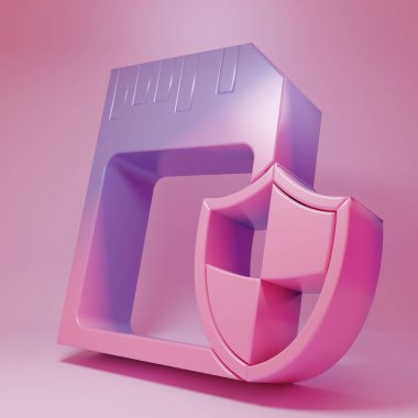 Pembe arka planda mor-pembe hafıza kartı ve kalkan simgesi var. Hafıza kartı. Adaptör simgesi. Güvenlik, güvenlik, koruma, gizlilik kavramı. Minimalizm kavramı. 3 Boyutlu resimleme.