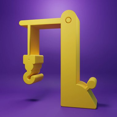 Sarı Liman portu vinç simgesi mor arkaplanda izole edildi. Kargo vinç kulesi. Minimalizm kavramı. 3 Boyutlu resimleme.