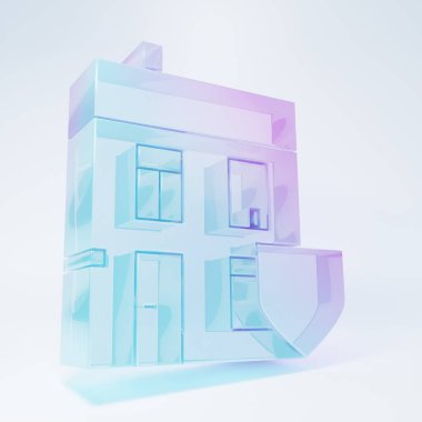 Frosted glass House with shield icon isolated on white background. Insurance concept. Security, safety, protection, protect concept. Minimalism concept. 3D render illustration.
