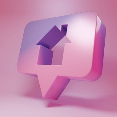 Pembe arka planda ev simgesi olan mor-pembe harita işaretçisi. Ev konumu belirleyici sembol. Minimalizm kavramı. 3 Boyutlu resimleme.