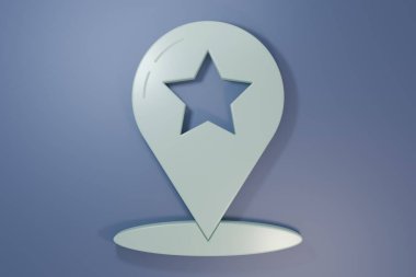 Mor-mavi arkaplanda yıldız simgesi olan gri harita işaretçisi. Yıldız favori iğne haritası simgesi. Harita işaretleyicileri. Minimalizm kavramı. 3 Boyutlu resimleme.