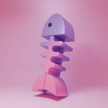 Pembe arka planda izole edilmiş mor balık iskeleti ikonu. Balık kemiği işareti. Minimalizm kavramı. 3 Boyutlu resimleme.