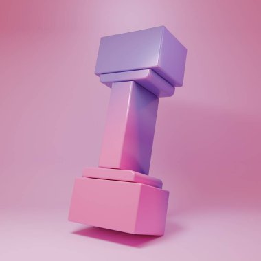 Pembe arka planda izole edilmiş mor-pembe Dumbbell simgesi. Kas kaldırma ikonu, fitness halteri, beden eğitimi ikonu, spor malzemeleri sembolü, egzersiz bumbzili. Minimalizm kavramı. 3 Boyutlu resimleme.