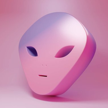 Purple-pink Alien icon isolated on pink background. Extraterrestrial alien face or head symbol. Minimalism concept. 3D render illustration.