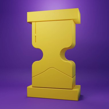 Mor arka planda izole edilmiş kum ikonu akan sarı kum saati. Kum saati işareti. İş ve zaman yönetimi kavramı. Minimalizm kavramı. 3 Boyutlu resimleme.