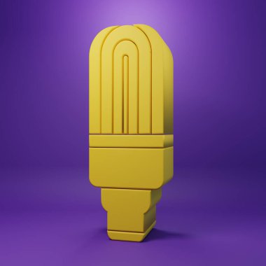 Sarı LED ampul simgesi mor arkaplanda izole edildi. Ekonomik LED ışıklı ampul. Enerji lambasını sakla. Minimalizm kavramı. 3 Boyutlu resimleme.