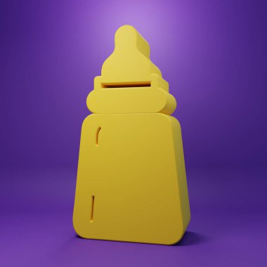Sarı bebek ikonu mor arka planda izole edilmiş. Beslenme şişesi simgesi. Süt şişesi tabelası. Minimalizm kavramı. 3 Boyutlu resimleme.