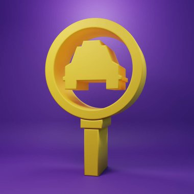 Sarı büyüteç ve taksi arabası ikonu mor arka planda izole edilmiş. Taksi araması. Minimalizm kavramı. 3 Boyutlu resimleme.