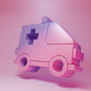 Mor pembe ambulans ve pembe arka planda izole edilmiş acil durum arabası ikonu. Ambulans aracı tıbbi tahliye. Minimalizm kavramı. 3 Boyutlu resimleme.