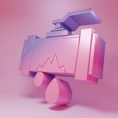 Pembe arka planda su ikonu sızıntısı olan mor pembe kırık metal bir boru. Minimalizm kavramı. 3 Boyutlu resimleme.
