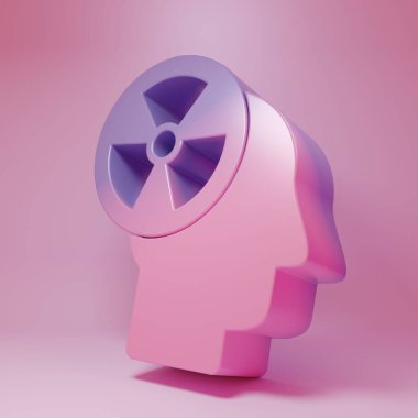 İnsan kafasının mor pembe silueti ve pembe arka planda izole edilmiş radyasyon sembolü. Minimalizm kavramı. 3 Boyutlu resimleme.