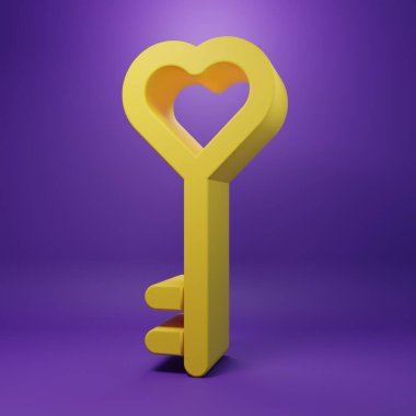 Sarı Anahtar 'ın kalp şekli simgesi mor arkaplanda izole edilmiş. Sevgililer Günü. Minimalizm kavramı. 3 Boyutlu resimleme.