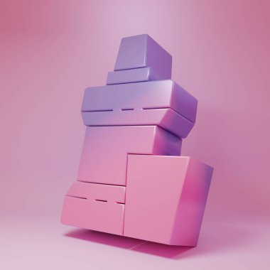 Mor-pembe ağız gargarası plastik şişe ve pembe arka planda izole edilmiş cam ikon. Ağzını çalkalamak için sıvı. Ağız bakım ekipmanları. Minimalizm kavramı. 3 Boyutlu resimleme.