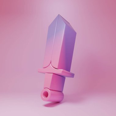 Pembe arka planda izole edilmiş oyun ikonu için mor-pembe kılıç. Minimalizm kavramı. 3 Boyutlu resimleme.