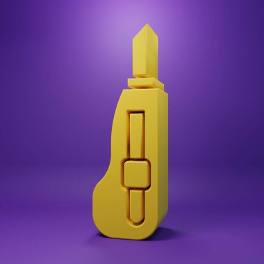 Sarı Kırtasiye bıçak ikonu mor arkaplanda izole edilmiş. Ofis kâğıt kesicisi. Minimalizm kavramı. 3 Boyutlu resimleme.