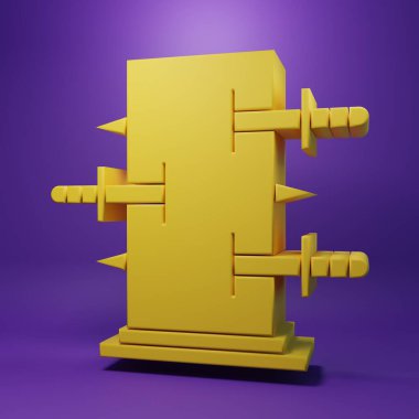 Sarı Sihirli Kutu, mor arka planda izole edilmiş sihirli numaralar simgesi için gövde. Bıçaklarla göster, kılıçlarla kutuyu delip geç. Minimalizm kavramı. 3 Boyutlu resimleme.