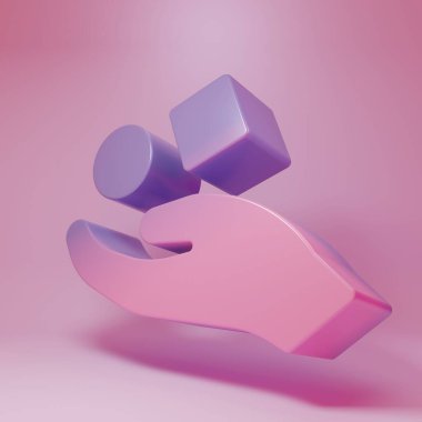 Pembe arka planda izole edilmiş, el simgesinin üzerinde mor-pembe bir küp yükseliyor. Havalanma sembolü. Minimalizm kavramı. 3 Boyutlu resimleme.