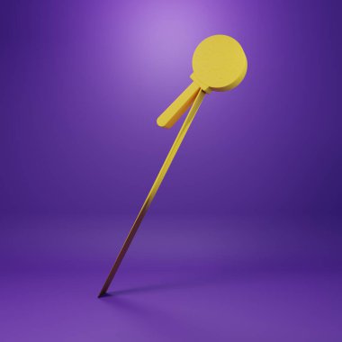 Büyüteç simgesinin altındaki sarı virüs mor arka planda izole edilmiş. Corona virüsü 2019-nCoV. Bakteriler, mikroplar, mantarlar. Minimalizm kavramı. 3 Boyutlu resimleme.