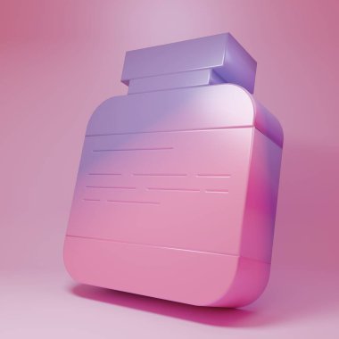 Mor-pembe ilaç şişesi ve pembe arka planda izole edilmiş hap ikonu. İlaç paketi. Tablet, vitamin, antibiyotik, aspirin. Minimalizm kavramı. 3 Boyutlu resimleme.