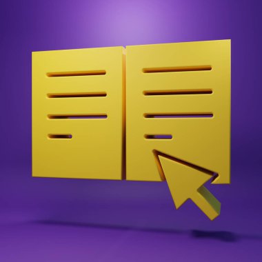 Sarı Çevrimiçi kitap simgesi mor arkaplanda izole edildi. İnternet eğitimi konsepti, e-öğrenme kaynakları, uzak online kurslar. Minimalizm kavramı. 3 Boyutlu resimleme.