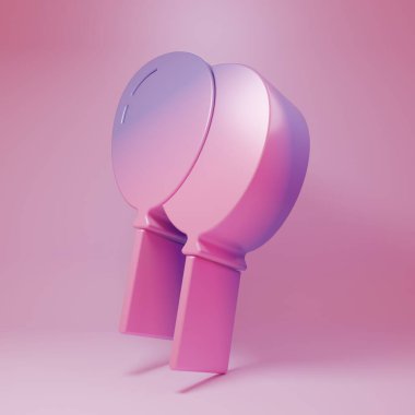 Pembe arka planda izole edilmiş kurdele ikonu olan mor-pembe balonlar. Mutlu Paskalyalar. Minimalizm kavramı. 3 Boyutlu resimleme.