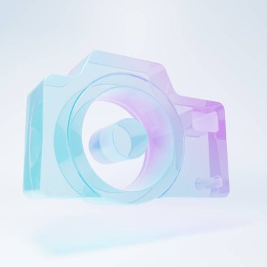 Frosted glass Photo camera icon isolated on white background. Foto camera icon. Minimalism concept. 3D render illustration.