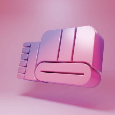 Pembe arka planda izole edilmiş mor-pembe havlu yığını simgesi. Minimalizm kavramı. 3 Boyutlu resimleme .