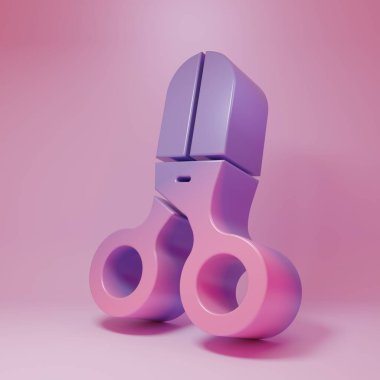 Pembe arka planda izole edilmiş mor makas kuaför ikonu. Kuaför, moda salonu ve berber tabelası. Berber dükkanı sembolü. Minimalizm kavramı. 3 Boyutlu resimleme .