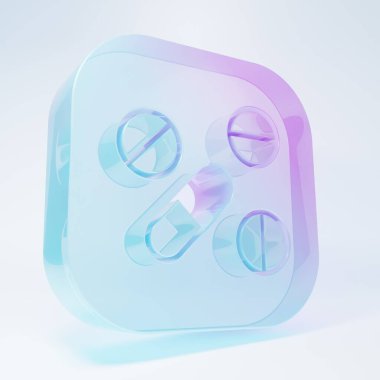 Frosted glass Medicine pill or tablet icon isolated on white background. Capsule pill and drug sign. Pharmacy design. Minimalism concept. 3D render illustration .