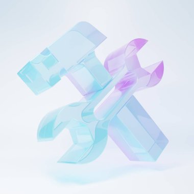 Buzlu cam çapraz çekiç ve İngiliz anahtarı simgesi beyaz arka planda izole edilmiş. Donanım aletleri. Minimalizm kavramı. 3 Boyutlu resimleme .