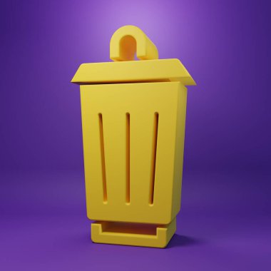 Sarı Çöp Kutusu simgesi mor arkaplanda izole edildi. Çöp kutusu tabelası. Sepet simgesini geri dönüştür. Ofis çöpü ikonu. Minimalizm kavramı. 3 Boyutlu resimleme .