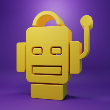Yellow Robot icon isolated on purple background. Artificial intelligence, machine learning, cloud computing. Minimalism concept. 3D render illustration .
