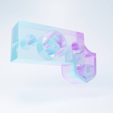 Beyaz arka planda izole edilmiş kalkan simgesi olan buzlu cam para. Sigorta konsepti. Güvenlik, güvenlik, koruma, konsept koruma. Minimalizm kavramı. 3 Boyutlu resimleme .