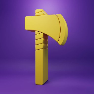 Mor arka planda izole edilmiş sarı Amerikan Tomahawk balta ikonu. Minimalizm kavramı. 3 Boyutlu resimleme .