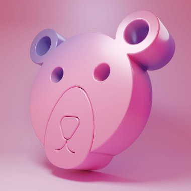 Pembe arka planda izole edilmiş mor ayı kafası simgesi. Minimalizm kavramı. 3 Boyutlu resimleme .
